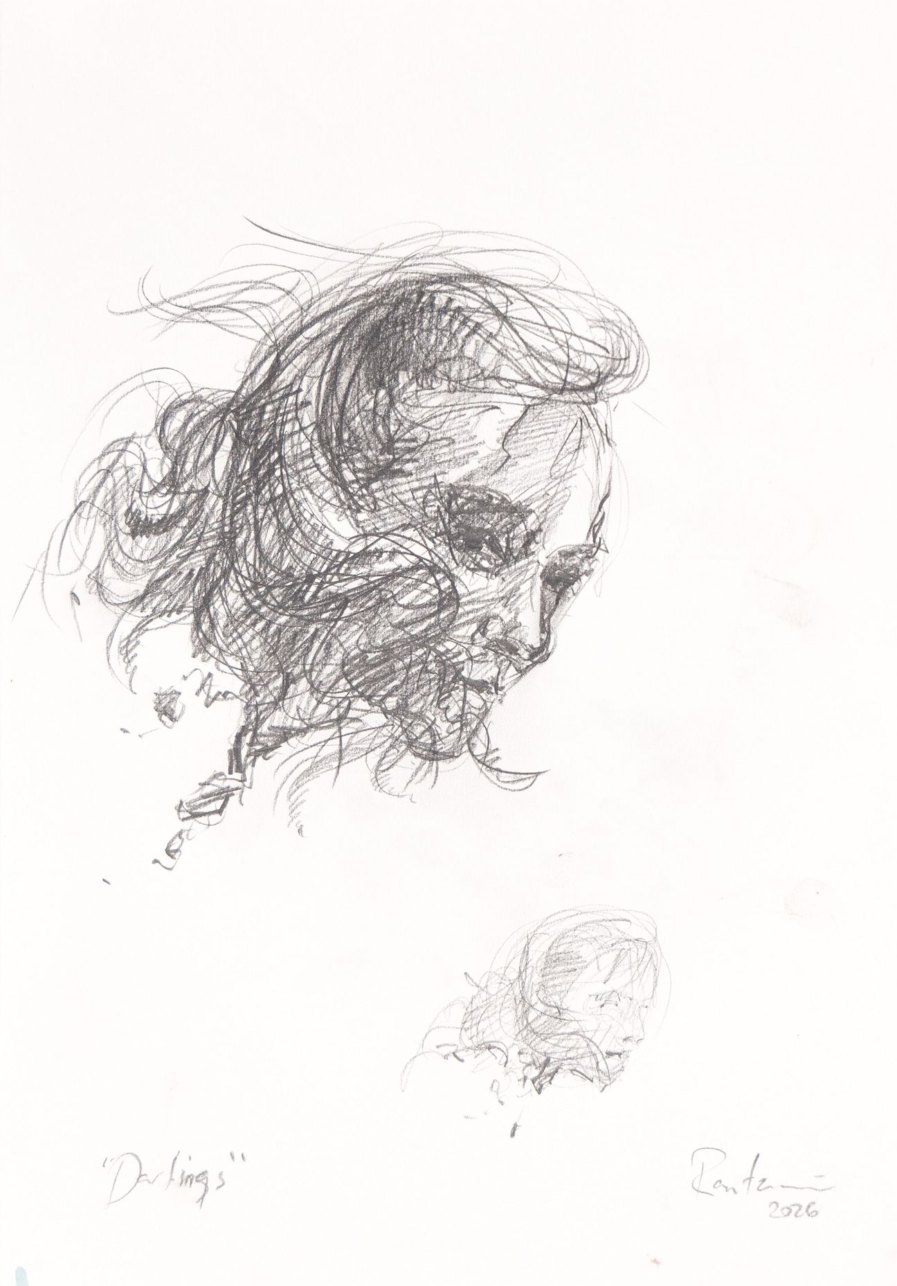 Pencil drawing by Jacob Rantzau depicting a large portrait and a smaller figure rendered in loose, overlapping lines.